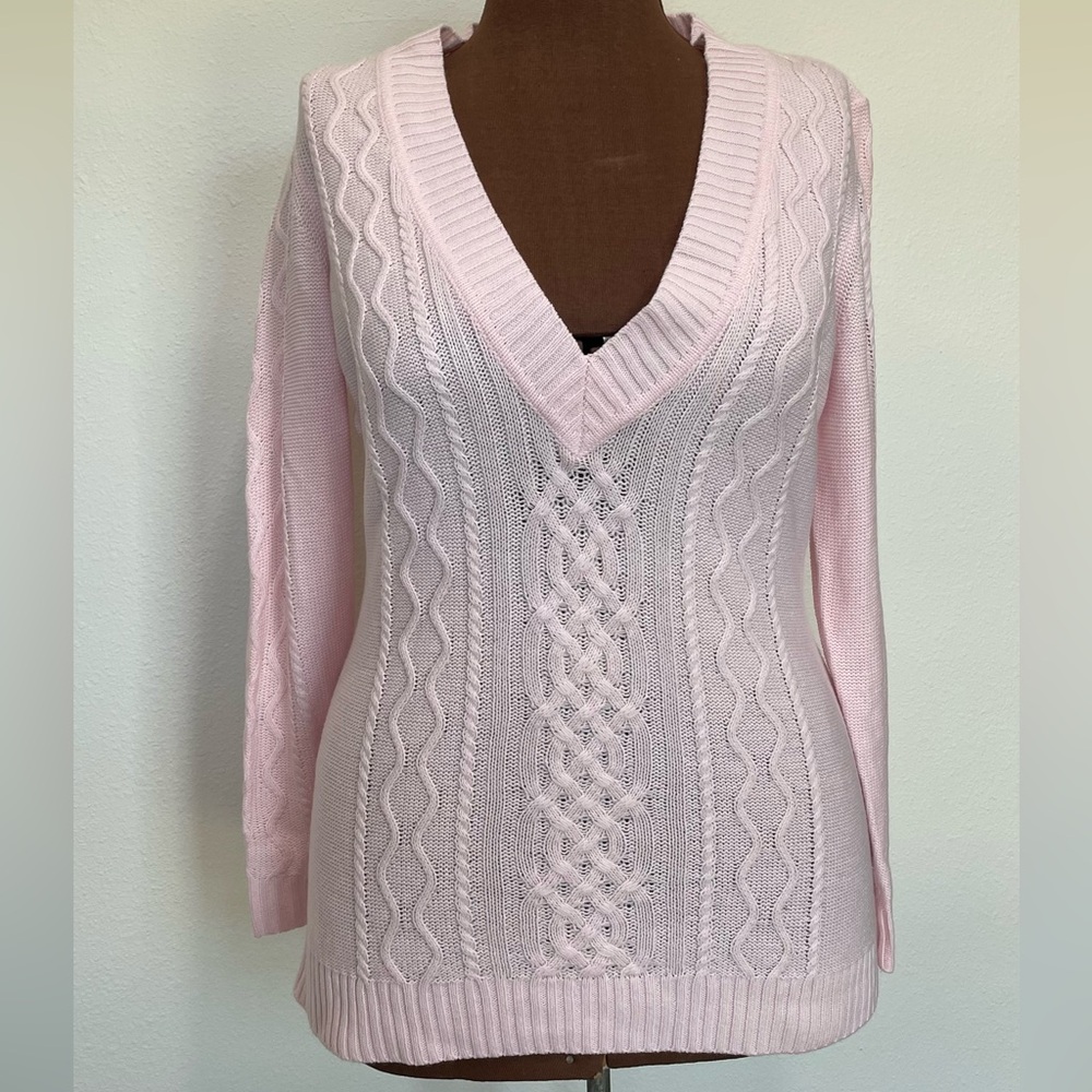 New York & Company Light Pink Cable Knit V-Neck Sweater